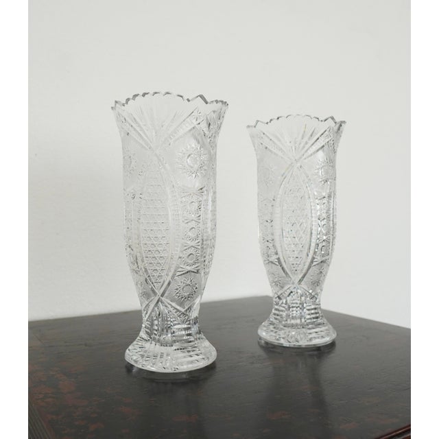 This impressive pair of antique cut crystal vases dates to the American Brilliant Period, circa 1895–1915, an era...