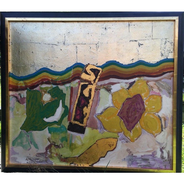 Zinke Peter, Rainbow Gold Foil Lemon Wreath with Purple Vulva, 1970s, Oil on Canvas For Sale - Image 11 of 13
