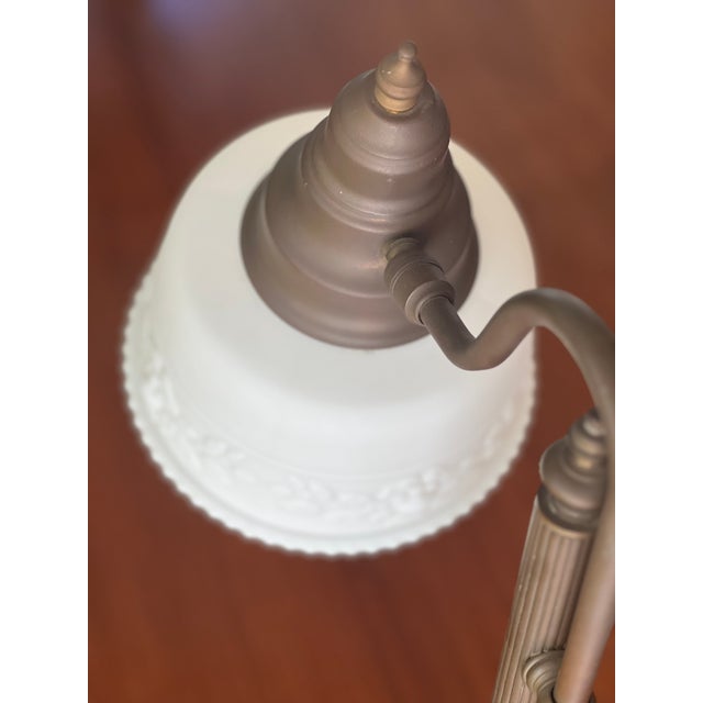 Metal Vintage Brass Adjustable Table Lamp With Frosted White Glass Shade For Sale - Image 7 of 11
