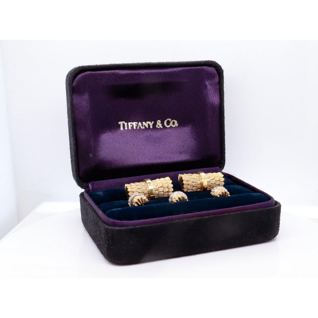 Mid-Century Modern Vintage Tiffany & Co. 18k Gold & Diamond Cufflink Dress Set For Sale - Image 3 of 10