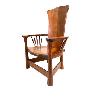 Arts & Crafts Flamed Oak Rolling Throne Barrel Back Chair For Sale