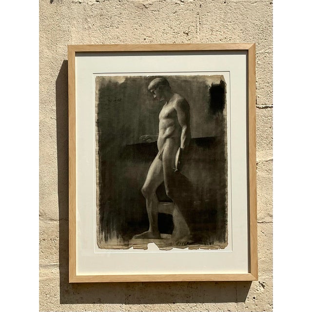 This exceptional antique life drawing is a masterclass in the late 19th-century French Academic tradition. Rendered in...