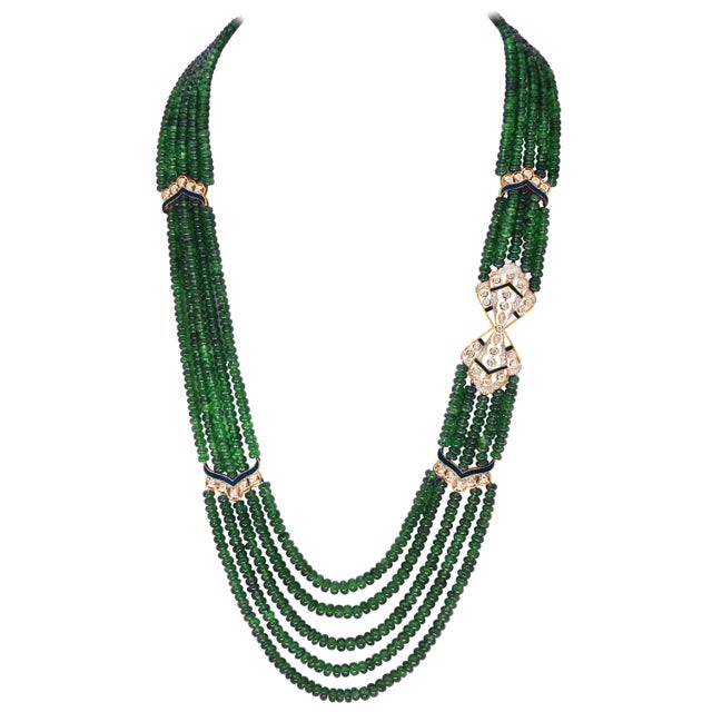 300 Carat 5-Strand Emerald Necklace with 4.8 Carat Diamond & Enamel in 14k Gold For Sale - Image 15 of 18