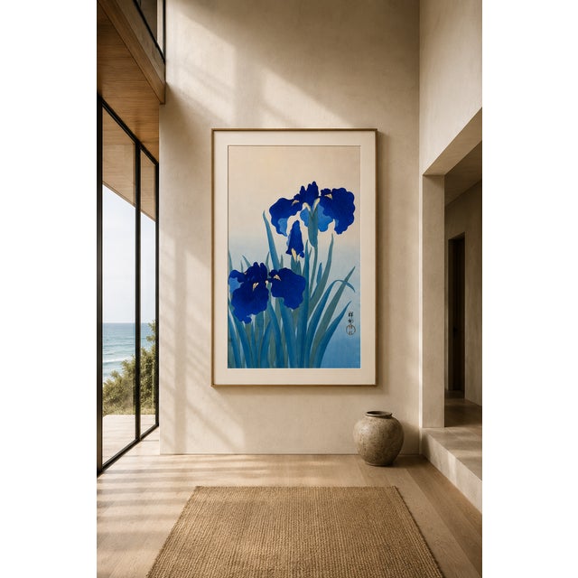 Paper Blue Iris Flowers by Ohara Koson, Japanese Woodblock Print, 16" X 24" For Sale - Image 7 of 11