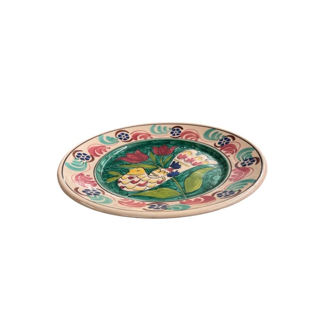 Ceramic Vintage Hand-Painted Mediterranean Style Terracotta Ceramic Wall Hanging Plate - Bird & Tulip Motif For Sale - Image 7 of 12