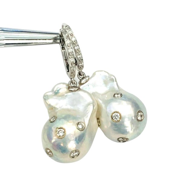 Diamond Fresh Water Pearl Earrings 14k Gold Large Certified For Sale - Image 4 of 8