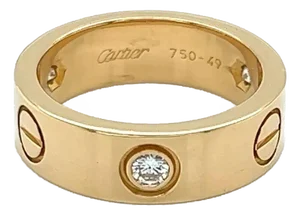 Cartier Love 18k Yellow Gold 3 Diamond Band Ring W/Cert - Size 5
