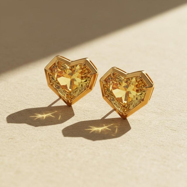 Geometric Heart Citrine Stud Earrings, Silver, Gold, Pair For Sale - Image 6 of 9