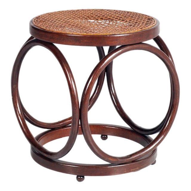 Art Deco Bentwood Stool with Rattan & Cane Top by Michael Thonet, 1930s For Sale