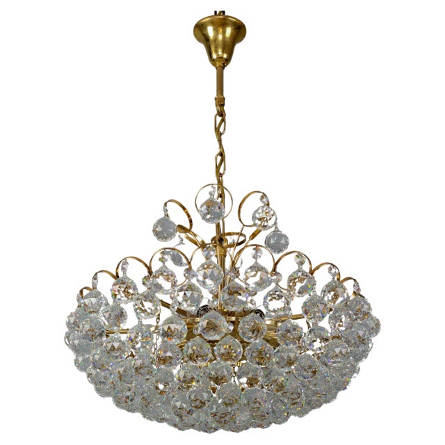 Seven Light Crystal Glass and Gilt Brass Chandelier, Germany, 1970s For Sale
