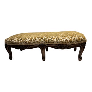 1920s French Highly Carved Walnut Footstool With Cut Velvet Upholstery For Sale