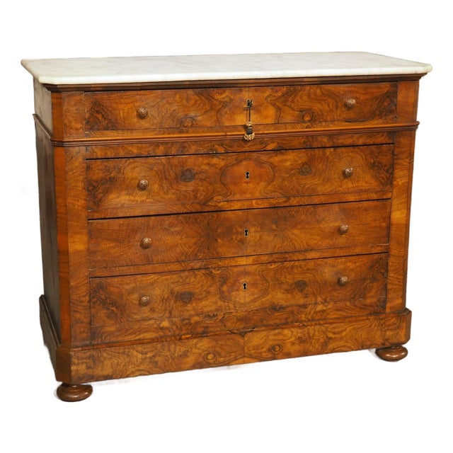 Antique French Burl Walnut Louis Philippe Style Commode White Carrara Marble Top, Late 1800s For Sale