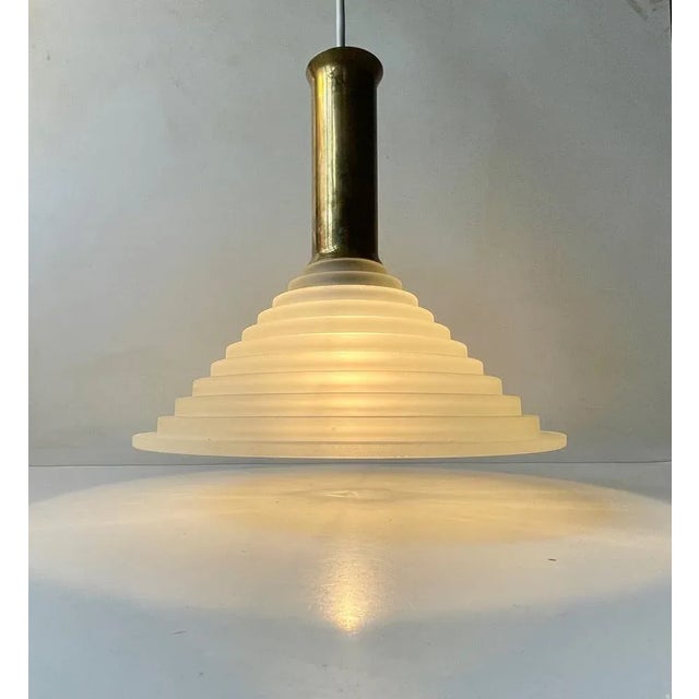 1970s Italian Art Deco Revival Pendant Lamp in Brass and Glass, 1970s For Sale - Image 5 of 9