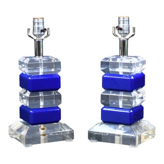 Pair of Blue and Lucite Table Lamps For Sale