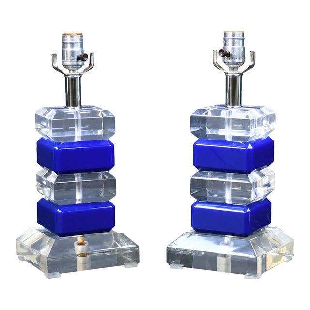 Pair of Blue and Lucite Table Lamps For Sale