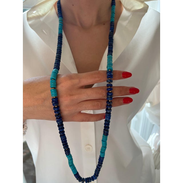 Blue Blue Lapis Lazuli Turquoise Tumble Beads 14k Yellow Gold Bead Long Necklace For Sale - Image 8 of 10