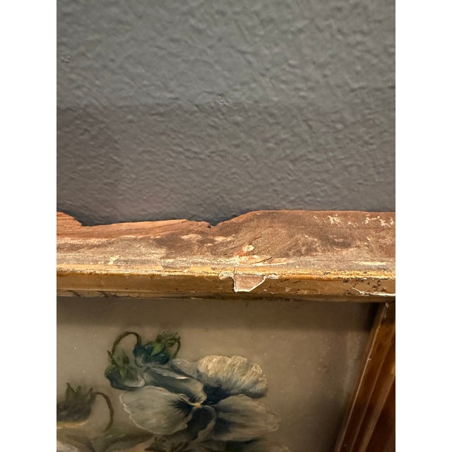 Early 20th Century Vintage Pansy Painting on Glass With Distressed Gold Frame For Sale - Image 5 of 6