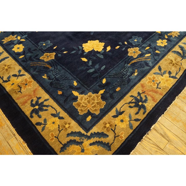 Textile 1920s Blue Navy Floral Deco Antique Chinese Peking Rug Handknotted Wool For Sale - Image 7 of 11