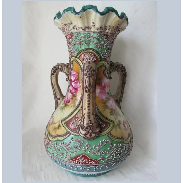 Antique Asian Nippon, Moriage Hand Painted Vase With Poppy Flowers For Sale - Image 4 of 7