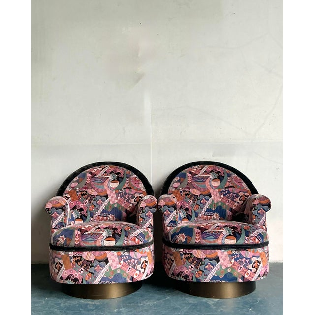 Mid-Century Modern Vintage Postmodern Martin Barttrud Printed Swivel Chairs - A Pair For Sale - Image 3 of 11