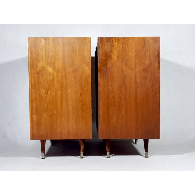 Pair of Vintage Original Mid-Century Modern Walnut Finish All Wood Display Cabinets With Adjustable Shelves and Sliding Wire Glass Doors For Sale In Baltimore - Image 6 of 18