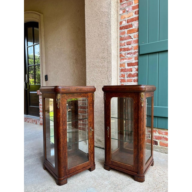 French Pair Antique French Glass Vitrine Display Cabinets Burl Mahogany Mirror C1900 For Sale - Image 3 of 18