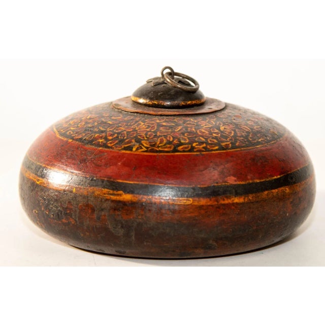 Asian Antique Vintage Asian Red and Black Painted Wooden Round Lidded Box With Metal Ring Handle For Sale - Image 3 of 17
