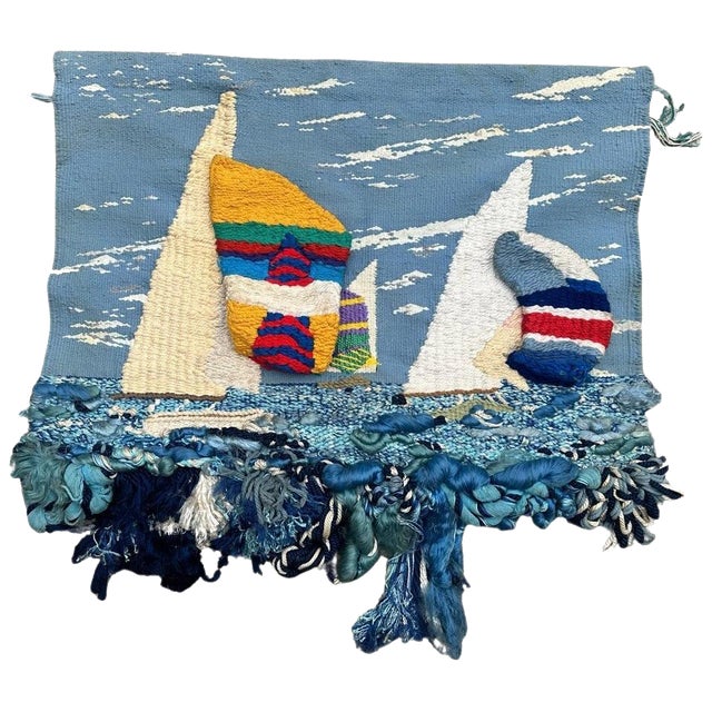 Mid-Century Brutalist Macrame Tapestry with Boat Design, 1950s For Sale