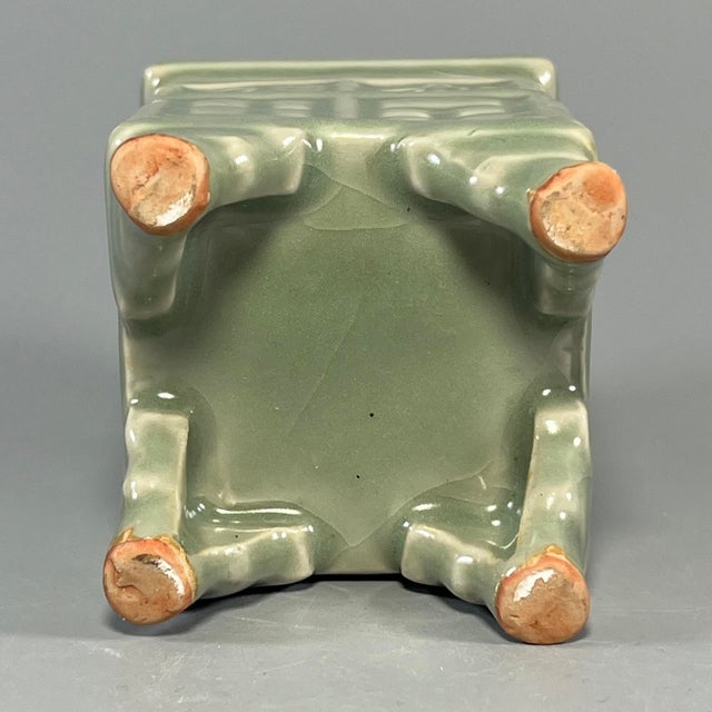 16th Century Chinese Vintage Green Celadon Square Four‑Footed Censer With Relief Decoration For Sale - Image 5 of 6