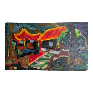 Vintage Mid-Century Expressionist Architectural Pagoda Landscape Painting For Sale