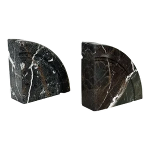 Vintage Art Deco Bookends in Heavily Veined Green / Black / Brown Marble C. 1970, a Pair