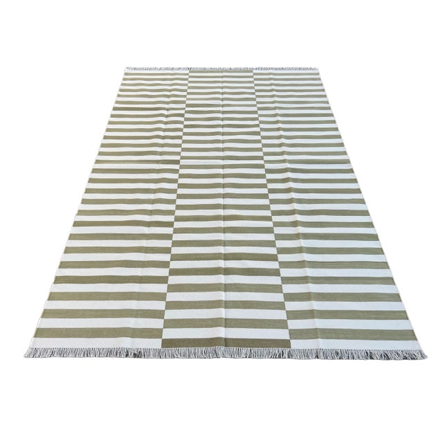 Not Yet Made - Made To Order Handmade Cotton Area Rug Vegetable Dyed Olive Green and White Up Down Striped Rug-5'x7' For Sale - Image 9 of 11