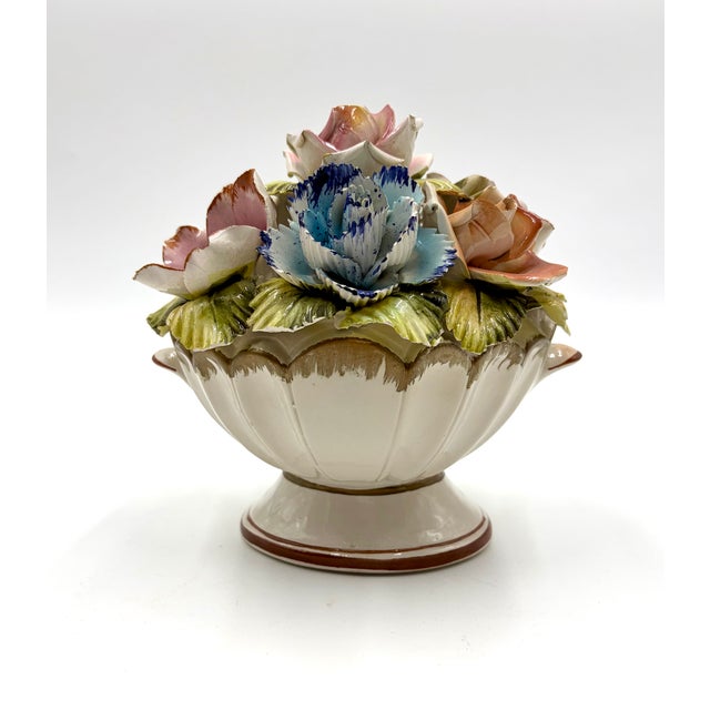 Rustic European Vintage Italian Hand Painted Porcelain Flower Topiary Basket For Sale - Image 3 of 8