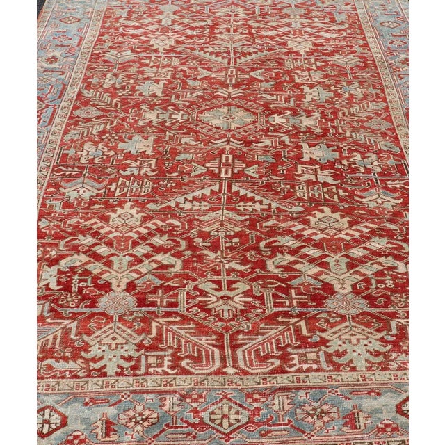 Antique Persian all-over Heriz rug with all-over geometric design in soft red and blue. Keivan Woven Arts / Rug /...