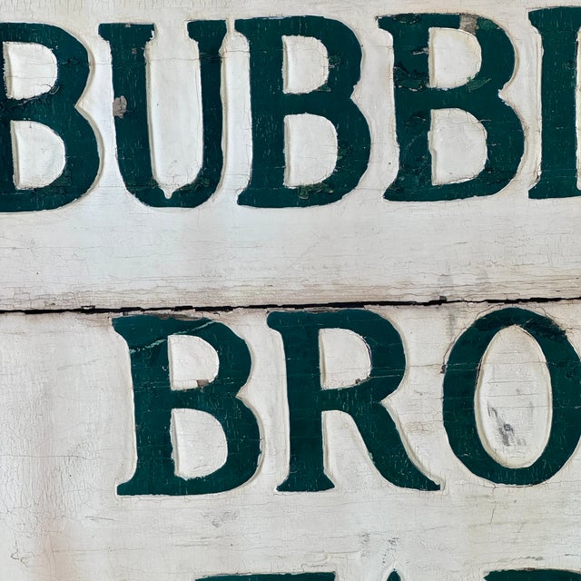 1930s Joyful Double Sided Wooden Trade Sign Advertising "Bubbling Brook Farm" in Green Paint For Sale - Image 10 of 10