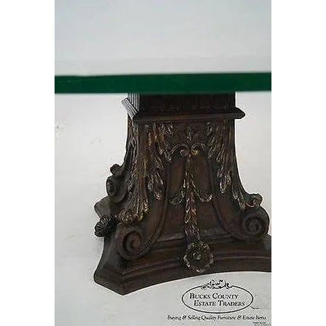 1950s Vintage Italian Carved Wood Corinthian Colum Base Round Glass Top Coffee Table For Sale - Image 5 of 13