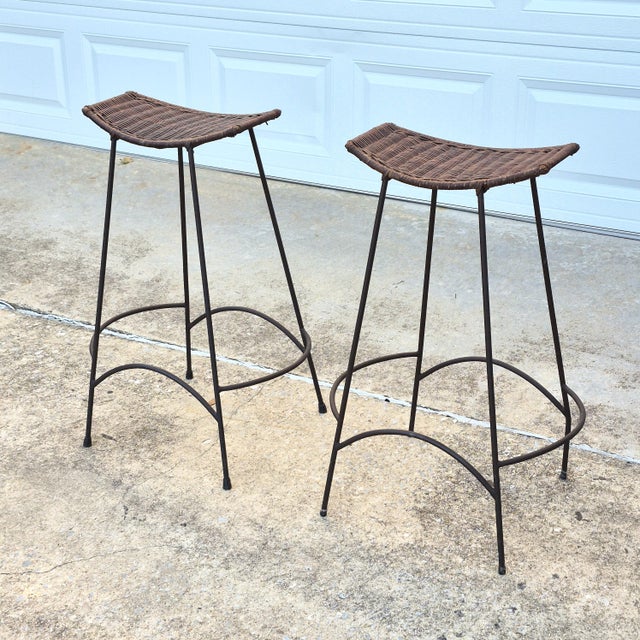 Mid Century Modern Woven Wicker Rattan & Black Iron Bar Stools - A Pair For Sale In Washington DC - Image 6 of 6
