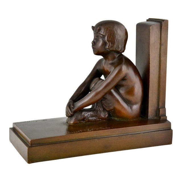 Metal Art Deco Bronze Bookends of Boy and Girl Satyr by Paul Silvestre, 1920s, Set of 2 For Sale - Image 7 of 13