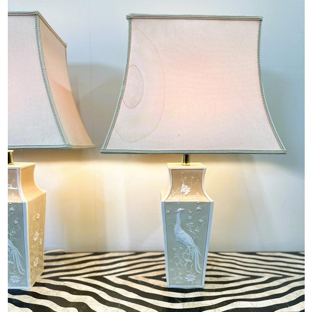 Large Cream Ceramic Table Lamps with Relief Peacocks and Fabric Shades, Set of 2 For Sale - Image 5 of 16