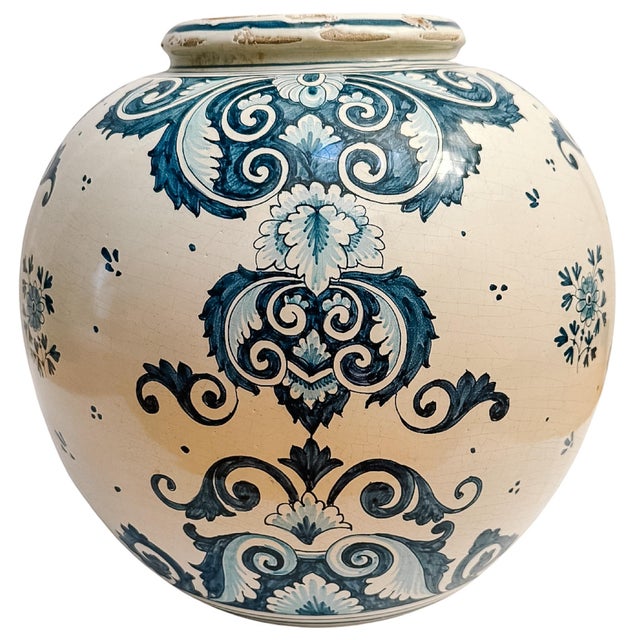 Blue Mid 20th Century Grand-Scale Italian Renaissance Revival Majolica Hand-Painted Terracotta Ginger Jars For Sale - Image 8 of 14