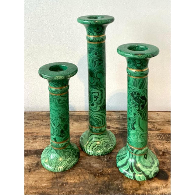 Vintage Italian Oggetti Faux Malachite Candlesticks - Set of 3 For Sale - Image 9 of 12
