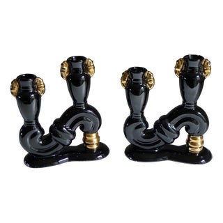 Mid-Century Candlesticks in Black and Gold Earthenware, 1950s, Set of 2 For Sale