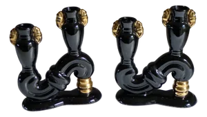 Mid-Century Candlesticks in Black and Gold Earthenware, 1950s, Set of 2