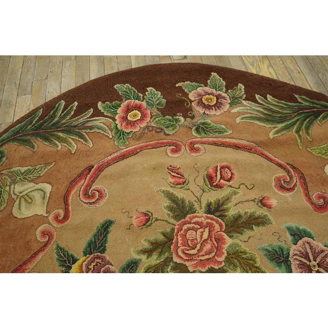 American 1920s Tan Almond Floral Folk Art Antique American Hooked Rug 6'6"x 7'5" Handknotted Wool Carpet For Sale - Image 3 of 8