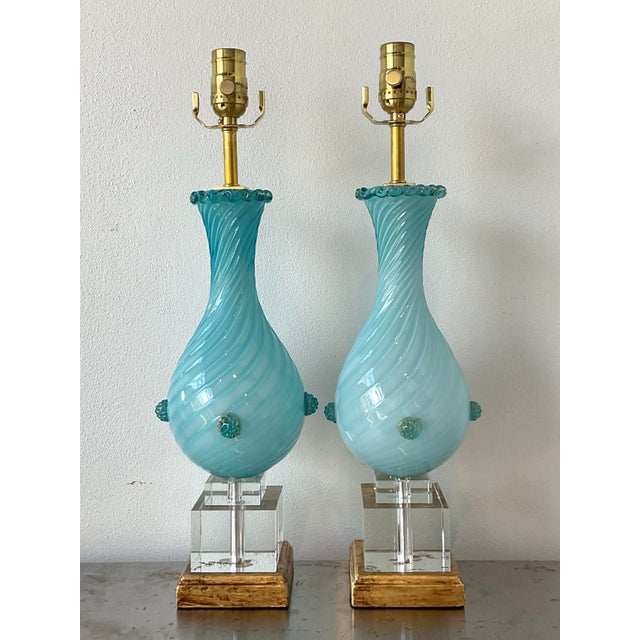Wood Vintage Italian Murano Glass Lamps - A Pair For Sale - Image 7 of 12