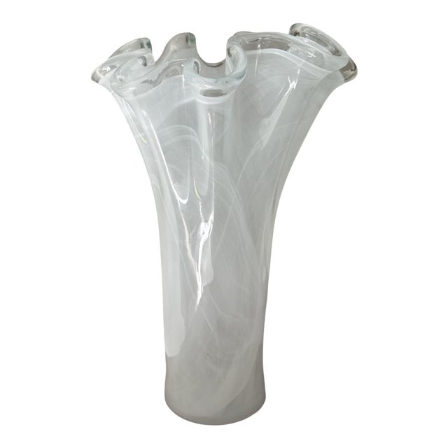 Vintage Monumental Murano Style White Latticino Ruffled Art Glass Vase For Sale