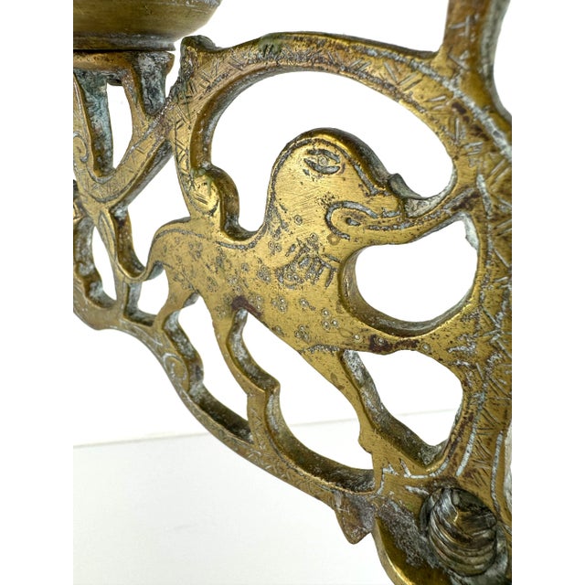 Ornate Vintage Brass Five-Arm Candelabra With Stylized Lions and Hand-Etched Detail For Sale - Image 15 of 16