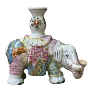 Pink Flower Graphic Porcelain Elephant Candle Holder Accent Decor Figure
