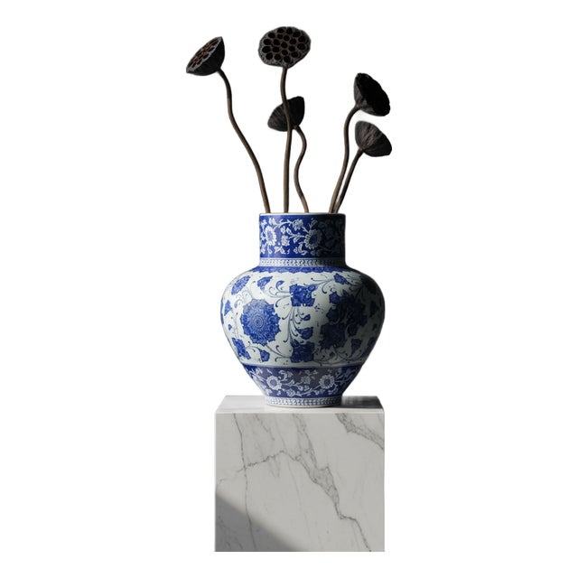 Handmade Ceramic Monumental Vase (50cm) Wide-Neck “Baba Nakkas” Blue & White Design – Grand Floor or Table Centerpiece For Sale