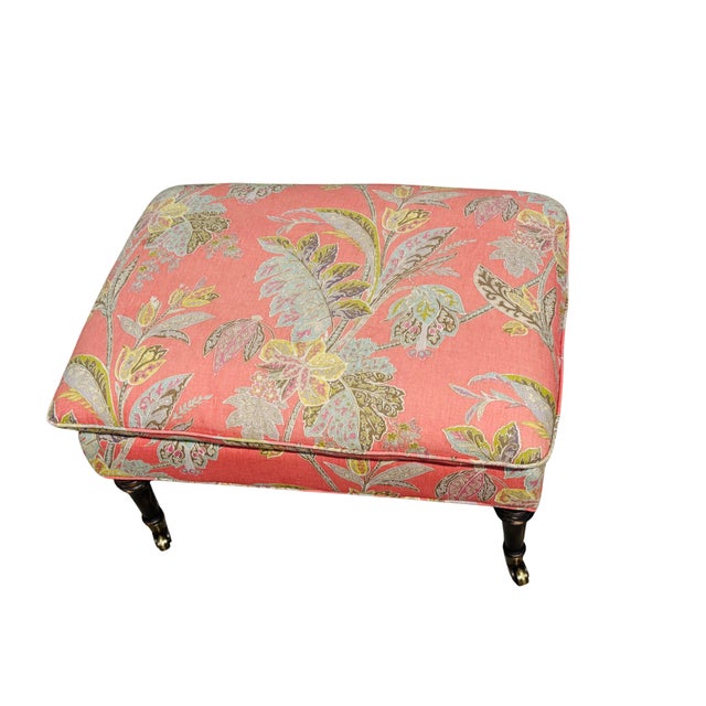 George Smith Custom Cr Laine Coral Botanical Cocktail Ottoman | Luxury Designer Upholstered Coffee Table Ottoman With Turned Wood Legs & Brass Casters For Sale - Image 4 of 11